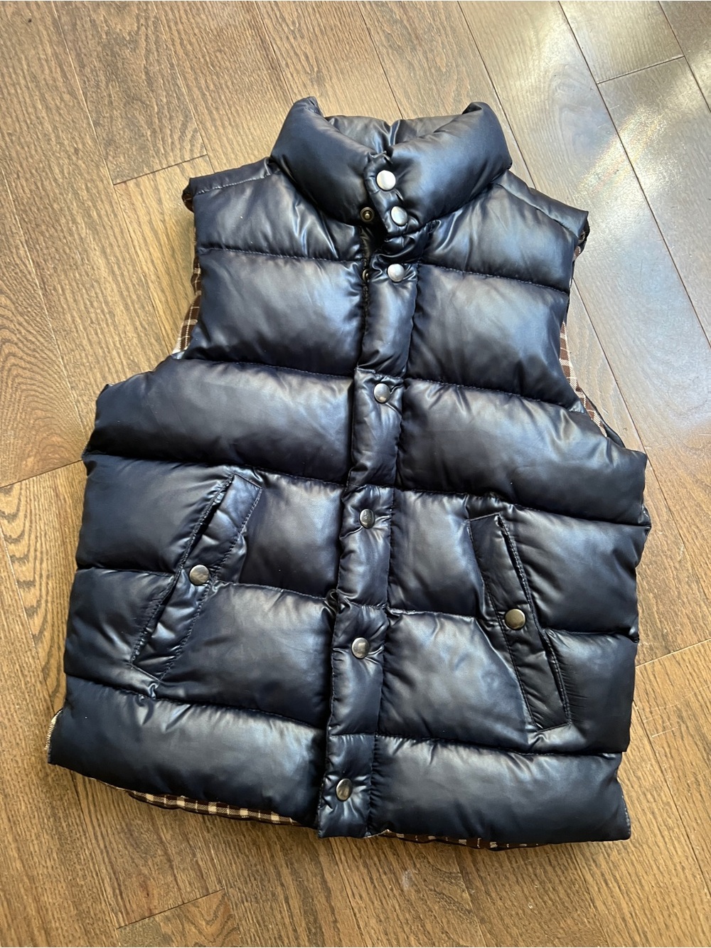 GAP Kids Navy brown lined Puffer Vest size small 6/7